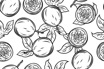 Seamless pattern of passion fruits, vector, monochrome
