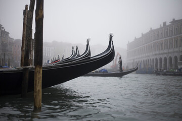 “Gondola” (traditional venetian boats) parked in the Grand Canal, Venice