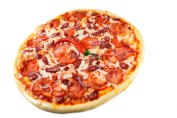 classic Italian spicy pizza with chili peppers, tomatoes, cheese and ham isolated on a white background.