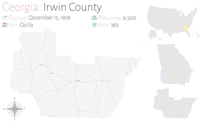 Fototapeta na wymiar Large and detailed map of Irwin county in Georgia, USA.
