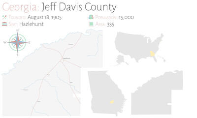 Large and detailed map of Jeff Davis county in Georgia, USA.