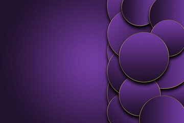 3d luxury abstract background illustration of purple circles with gold glitter edges on a dark purple background with room for text.