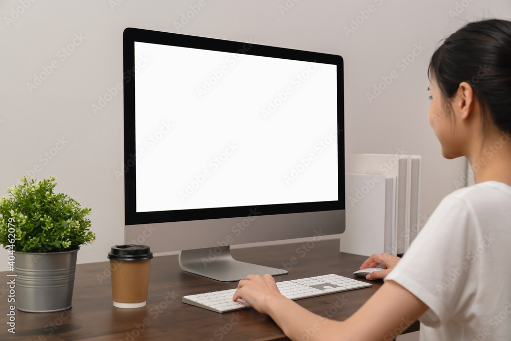 Poster business woman hand using computer and type on the keyboard. mockup screen of advertisement.