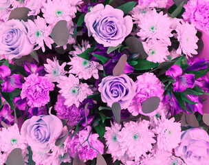 Beautiful fresh flowers background with carnations, chrysanthemums and roses in a purple tone. Vintage floral texture. Color filter, top view, close-up, flat lay, mock up