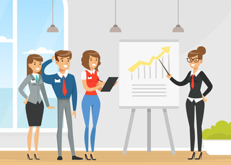 Obraz premium Businesswoman Making Presentation and Explaining Chart on Whiteboard, Business Conference Room with Working People Flat Vector Illustration