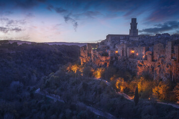 Tuscany, Pitigliano medieval village at blue hour. Italy