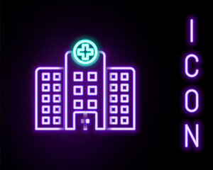 Glowing neon line Medical hospital building with cross icon isolated on black background. Medical center. Health care. Colorful outline concept. Vector.