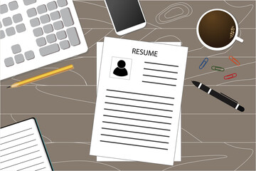 Resume, documents, pen, notepad, computer on the desktop in the office. Selection and search of personnel