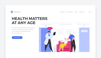 Health value at any age landing page template. Elderly male and female characters listen advice of doctor in white coat.