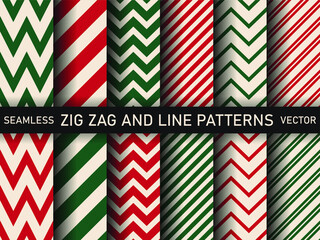 Collection of Red Green White Zig zag and striped Lines Backgrounds. Pack of Christmas Candy Cane Stripes Vector Patterns. Set of Classic Winter Holiday Mint Candy Treat. 