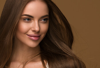Beautiful long smooth hair woman healthy clean skin happy female portrait