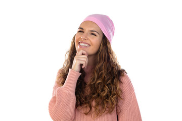 Hopeful woman with cancer wearing a thoughtful pink scarf