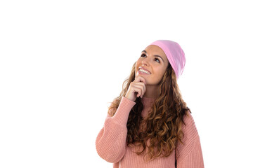 Hopeful woman with cancer wearing a thoughtful pink scarf