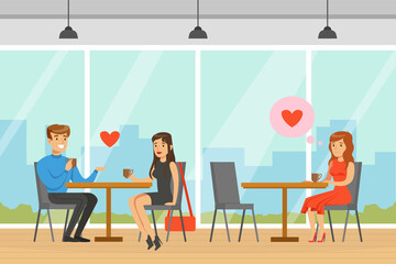 Young Couple Sitting in Cafe, Man and Woman Having Romantic Date, People Finding Love, Upset Lonely Girl Sitting at Table in Cafe Vector Illustration