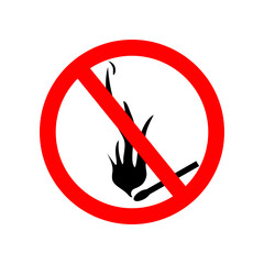 Icon of ban fire and smoke. Sign of forbidden flame of fire. Symbol for stop of burn. Warning for safety. Ignition of matchstick is danger. Icon for caution in forest. Red round sign of ban. Vector