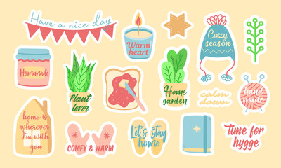 Set of various cozy stickers with slogans