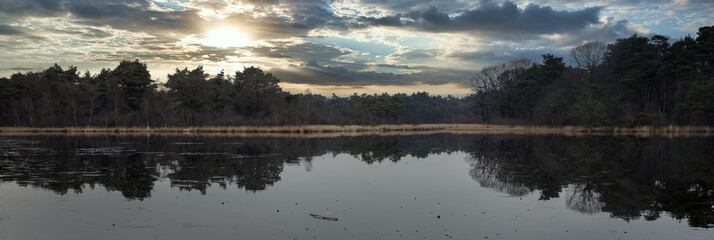 Sunset. Swamp. Moor. Peetfields. Lake. Brandeveen Uffelte Drenthe Netherlands. Holtingerveld. Panorama