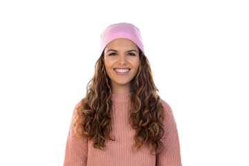 Hopeful woman with cancer wearing a thoughtful pink scarf