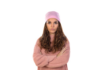 Hopeful woman with cancer wearing a thoughtful pink scarf