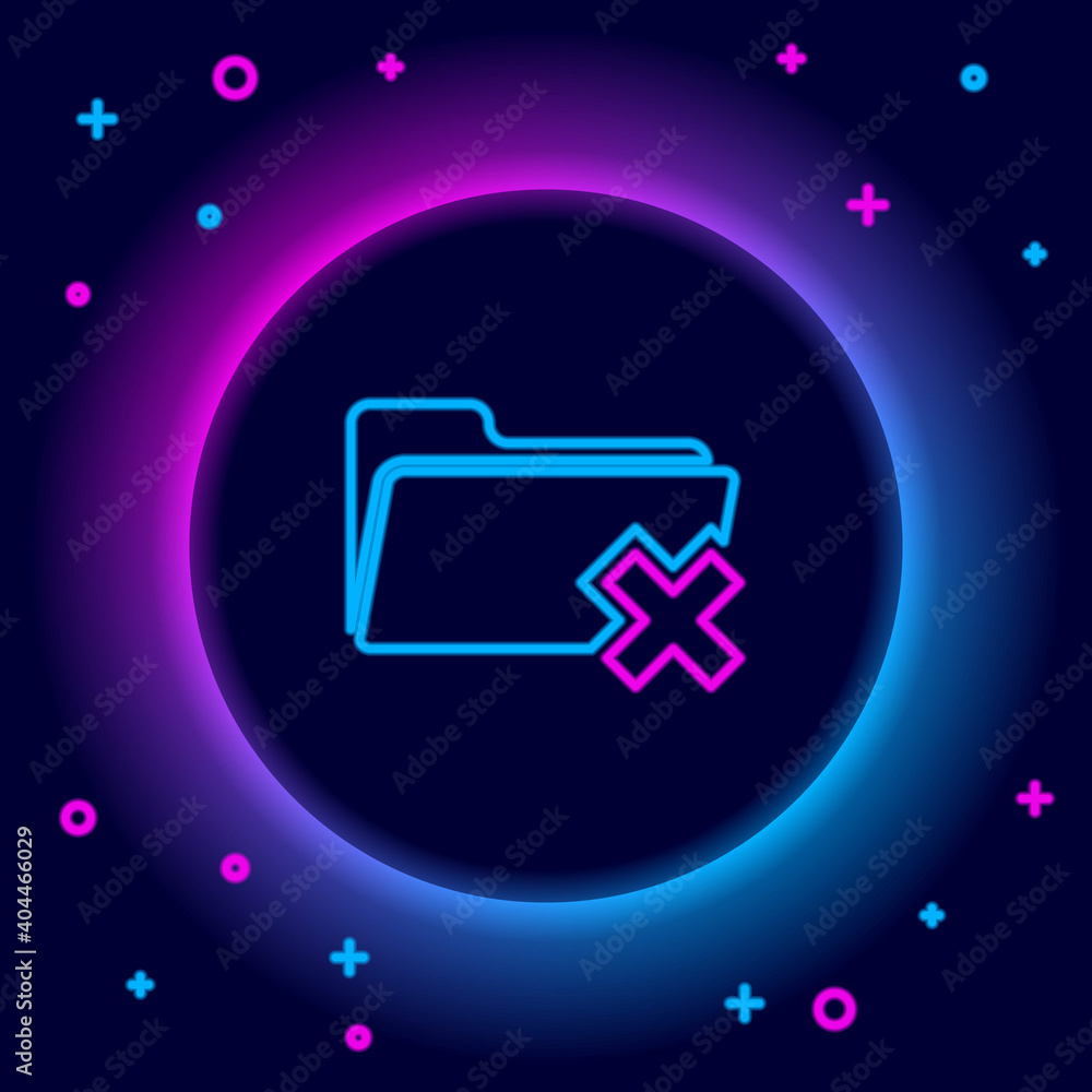 Poster glowing neon line delete folder icon isolated on black background. folder with recycle bin. delete o