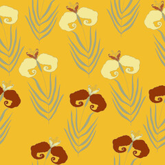 Seamless pattern of stylized flowers on a yellow-golden background.