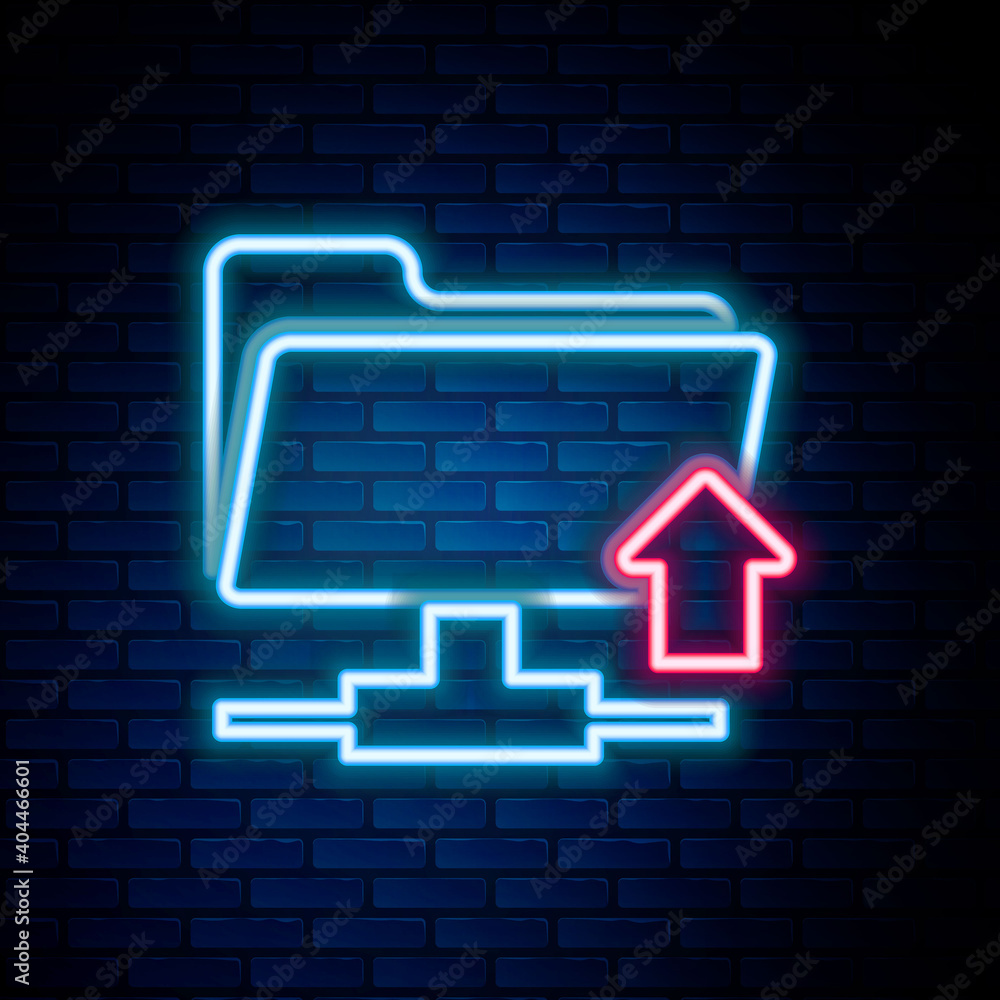 Poster glowing neon line ftp folder upload icon isolated on brick wall background. software update, transfe