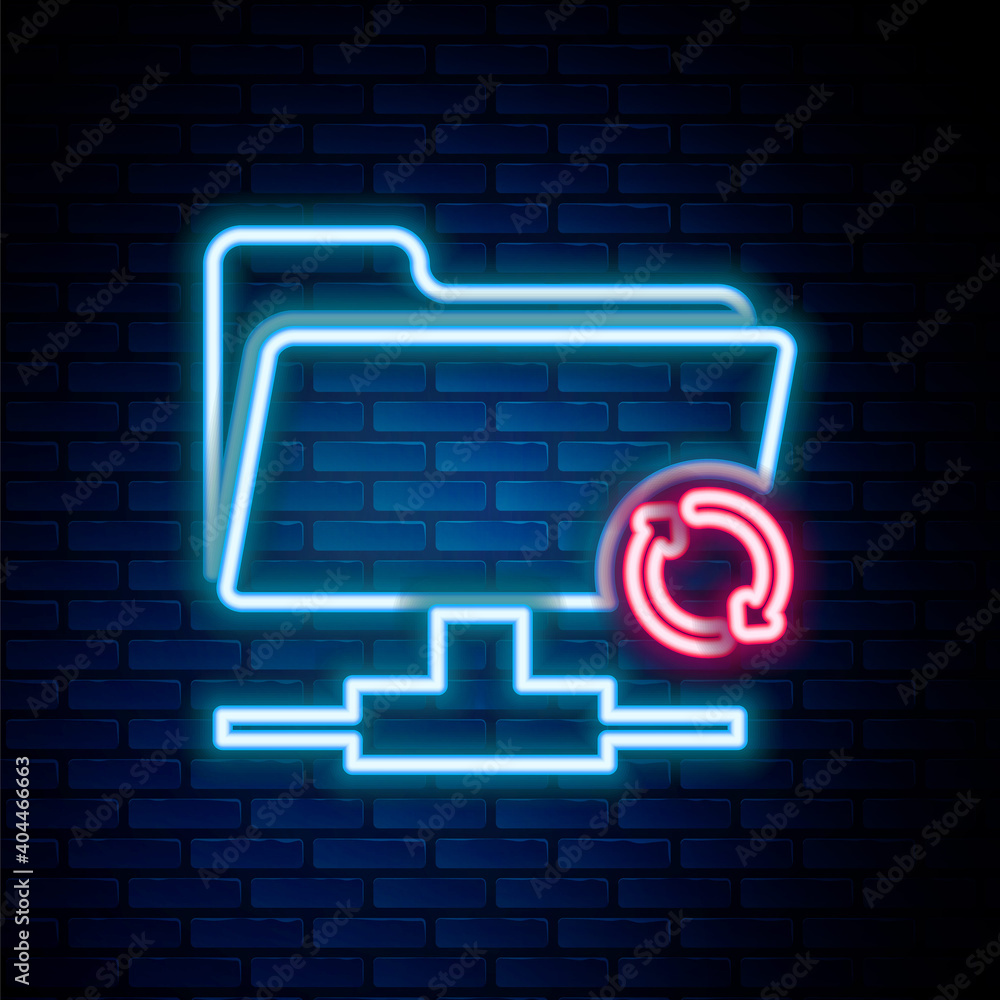 Poster glowing neon line ftp sync refresh icon isolated on brick wall background. software update, transfer