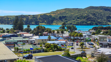 Panoramic view of Raglan, a small seaside town in New Zealand, in summer