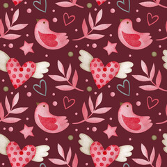 Seamless watercolor pattern on a burgundy background in pink colors for Valentine's Day, Wedding.