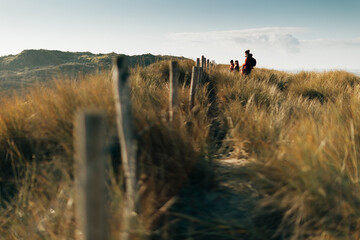 family enjoying the view at the dunes in the nature park of Westhoek at the north sea in De Panne, Belgium