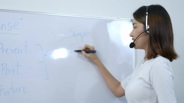 Learning online concept, Asian teacher teaching English online at home, self study and e-learning trends in times of corona virus and social distancing.