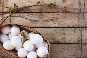 Eggs lay on wooden background. Food ingredient.