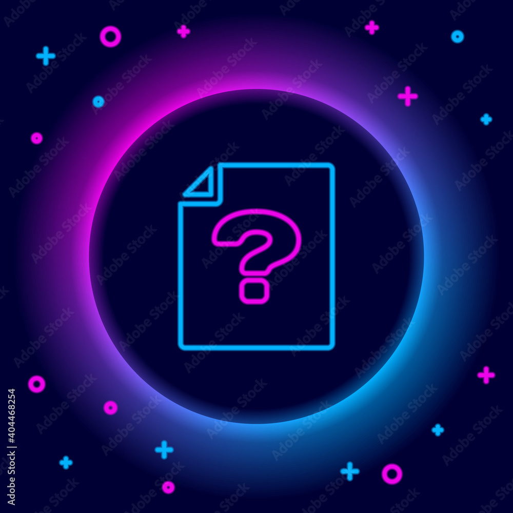 Poster glowing neon line unknown document icon isolated on black background. file with question mark. hold 