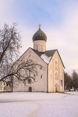 Fototapeta na wymiar Spaso-Preobrazhenskaya Church of 14th century in winter Veliky Novgorod 