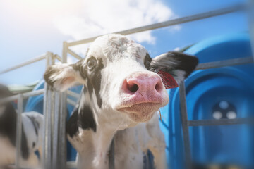 Young funny calf looks at camera on dairy farm, selective focus on pink nose, agriculture and...
