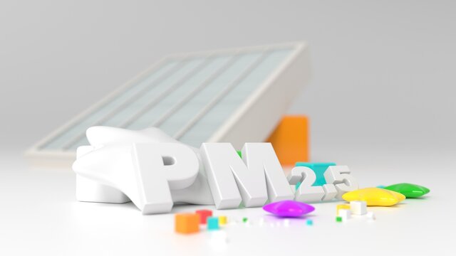 3D illustration of PM2.5 and HEPA filter with some hexahedral cubic background