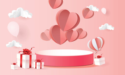 3d podium red product background for valentine.pink and heart love romance concept design vector illustation decoration banner 