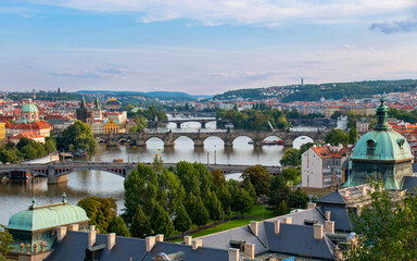 Fototapeta na wymiar View of the five bridges of Prague from Letensky observation deck