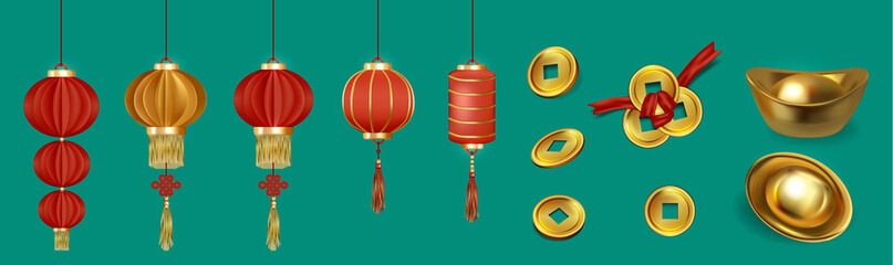 Happy Chinese New Year 3D Vector Elements collection. Design for banner and poster.  Oriental style, Japanese, Chinese elements. Vector illustration.