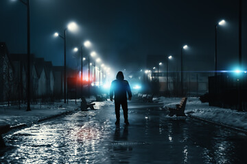 Man silhouette in misty alley at night city park, mystery and horror foggy cityscape atmosphere,...