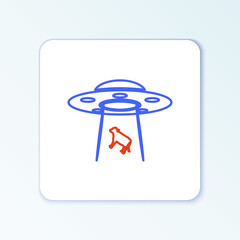 Line UFO abducts cow icon isolated on white background. Flying saucer. Alien space ship. Futuristic unknown flying object. Colorful outline concept. Vector.