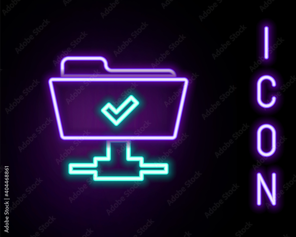 Poster glowing neon line ftp operation successful icon isolated on black background. software update, trans