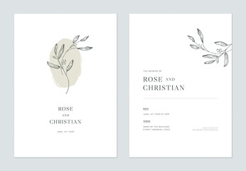 Minimal floral wedding invitation card template design, vintage leaves line art ink drawing on white - 404470046