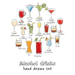 Alcohol drinks. Hand drawn illustration of cocktail, including recipes and ingredients. Vector illustration