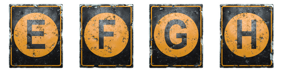 Set of public road sign orange and black color with a capital letters E, F, G, H in the center isolated on white background. 3d