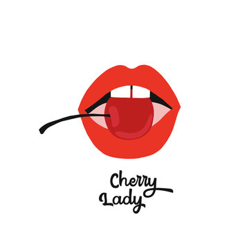 Sexy woman lips with sweet cherry vector illustration isolated on white Cherry Lady lettering French lipstick makeup mouth eating red berry clip-art Valentines Day love design 