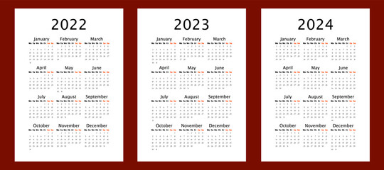 Yearly calendar for 2022 2023 2024 years, vertical A4 format, week starts Monday. Annual calendar template for business and office. Big letter size wall calendar. Annual planner with blank frame - obrazy, fototapety, plakaty