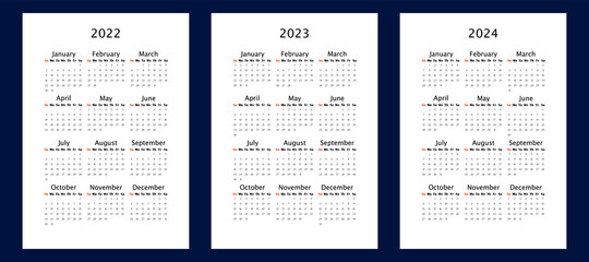 Yearly calendar for 2022 2023 2024 years, vertical A4 format, week starts Sunday. Annual calendar template for business and office. Small letter size wall calendar. Annual planner with blank frame - 404470895