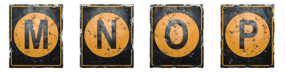Set of public road sign orange and black color with a capital letters M, N, O, P in the center isolated on white background. 3d