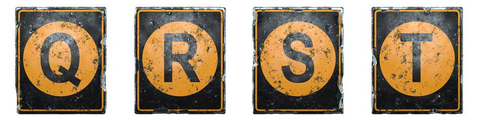 Set of public road sign orange and black color with a capital letters Q, R, S, T in the center isolated on white background. 3d
